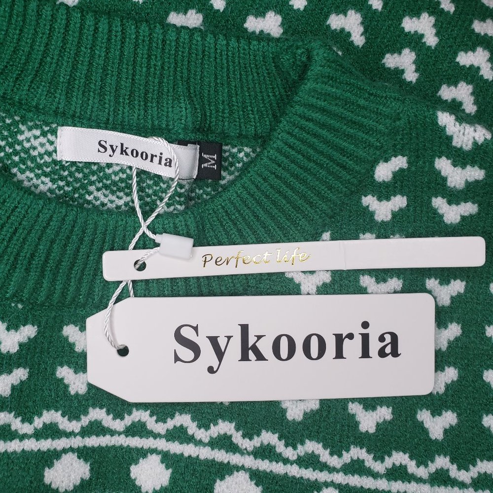 Sykooria Women's Green White Crew Neck Long Sleeve Ugly Holiday Sweater Medium - Picture 8 of 10
